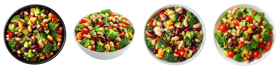 Fresh bean salad with broccoli isolated on transparent background, PNG, set of