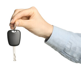 Woman with car key on white background, closeup