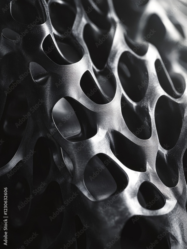 Poster close-up of a black metal surface with geometric patterns that create an intricate and mesmerizing d