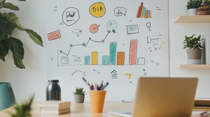 Creative workspace with statistical charts and office supplies