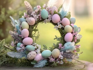 A handmade Easter wreath decorated with colorful eggs and flowers, perfect for spring celebrations.