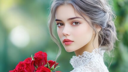 Naklejka premium A soft and elegant portrait of a queen holding a bouquet of red roses