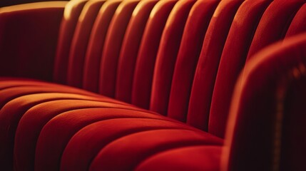 Fototapeta premium Elegant red velvet sofa close-up with warm ambient lighting