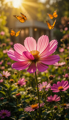 Obraz premium Cosmos Blossom and Butterflies in Golden Sunlight