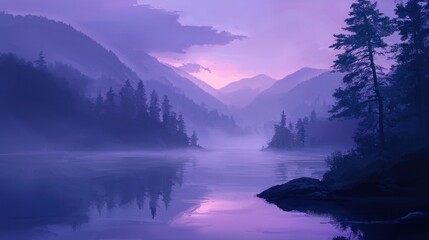 Serene purple sunrise over misty mountain lake.