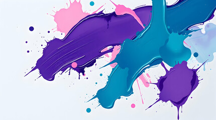 Deep Purple, Teal, Soft Pink Minimalist Paint Splash Background on Light Gray Canvas. Use as graphic resource or wallpaper.