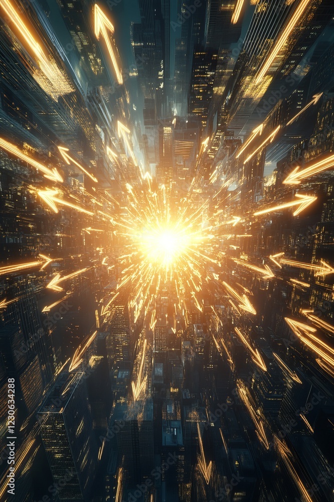 Poster dynamic futuristic cityscape exploding with energy and technological marvels