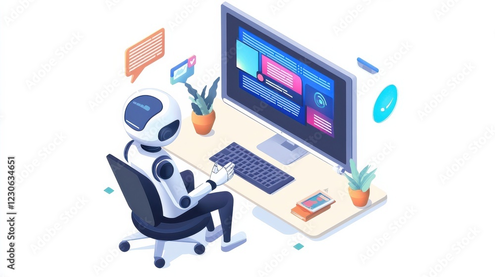 Poster virtual chatbot on computer, user engaged in language practice
