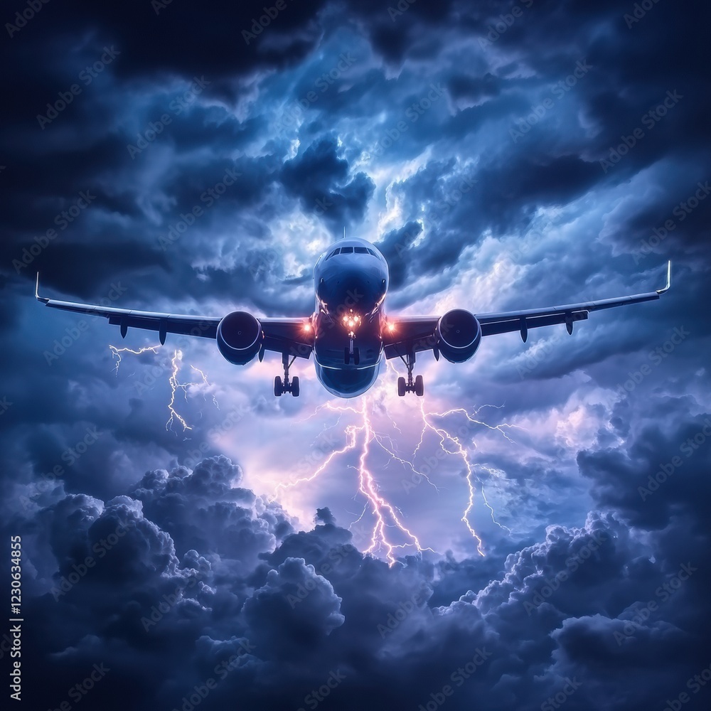 Poster airplane navigates turbulent stormy clouds with lightning illuminating the sky at dusk. generative a
