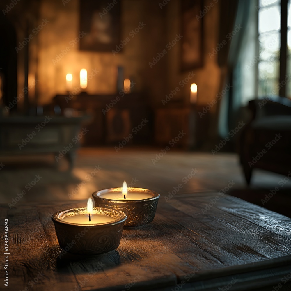 Poster a serene room with glowing candles on a wooden table, creating a warm and inviting atmosphere with r