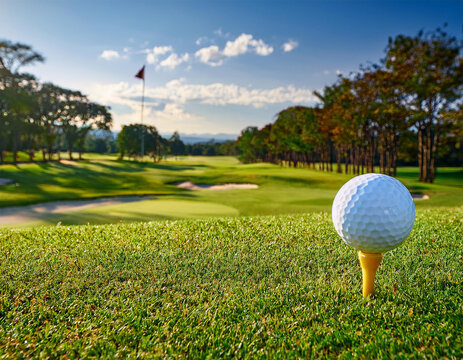 a white golf ball rests on a tee ready for the golfer to swing on the lush green fairway