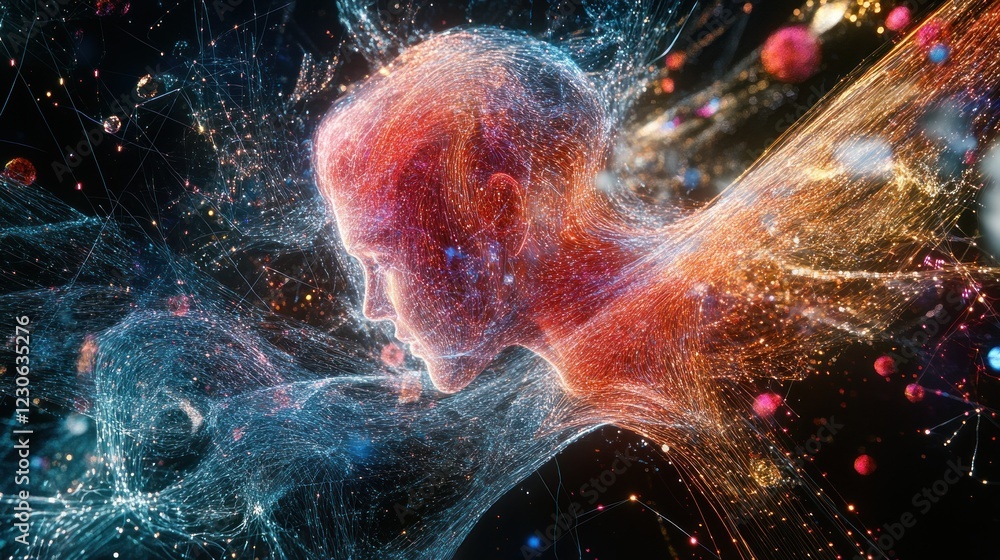 Poster abstract digital human form emerging from network