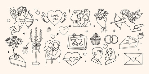 A drawing of a man and woman hugging with a heart on the left side. The drawing is of a Valentine's Day card