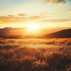 Naklejka premium Captivating sunset over a tranquil grassland with mountains silhouetted against a vibrant sky.