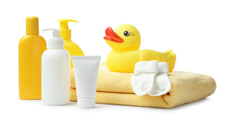 Baby cosmetic products and bath accessories isolated on white