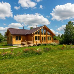 Obraz premium Photorealistic square image of a modern wooden high-tech country house. Sunny summer day with blue sky and white clouds. Green lawn with flowers, wheelchair-accessible wooden ramp, and empty space for