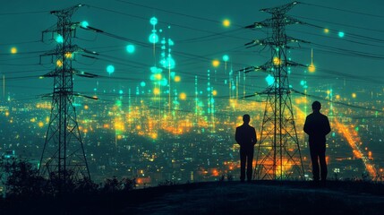 Fototapeta premium Two Silhouettes Observe a Glowing Night Cityscape