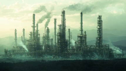 Fototapeta premium Gloomy Industrial Landscape with Smoke and Mountains