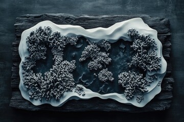 Abstract art piece depicting a minimalist landscape with textured, snow-like formations and a dark,...