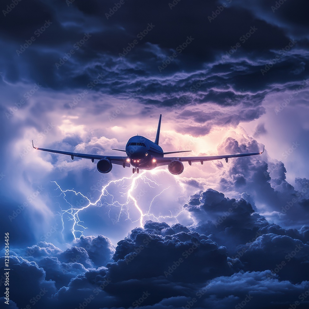 Poster airplane navigates turbulent stormy clouds amidst flashes of lightning during an evening flight. gen