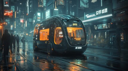 Fototapeta premium Futuristic City Night Scene: Rain-slicked Streets and Neon Lights Illuminate a Sleek Autonomous Vehicle