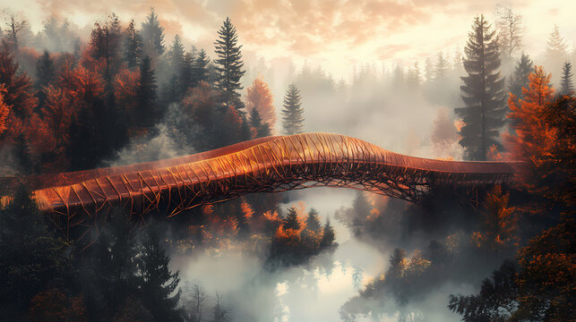 Lone, intricately designed metallic amber hued bridge spans misty valley. Amber Valley. Illustration