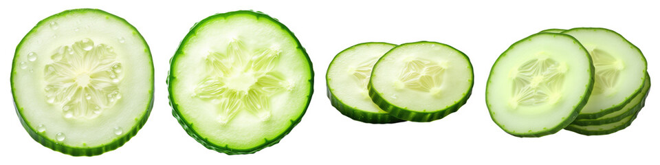 Fresh cucumber slice isolated on transparent background, PNG, set of