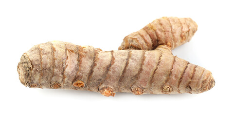 Two fresh turmeric roots isolated on white