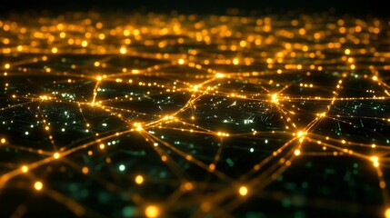Abstract Golden Network Connections Glowing in Dark Background