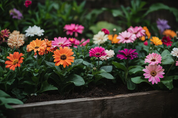Fototapeta premium Colorful garden bed with blooming flowers, herbs, and leafy greens, illuminated by soft afternoon sunlight, creating a peaceful atmosphere with earthy tones and wooden edges. Generative AI