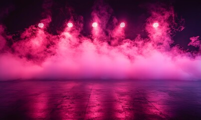 Fototapeta premium A dynamic concert stage featuring spotlights, laser lighting, and a haze of atmospheric smoke.