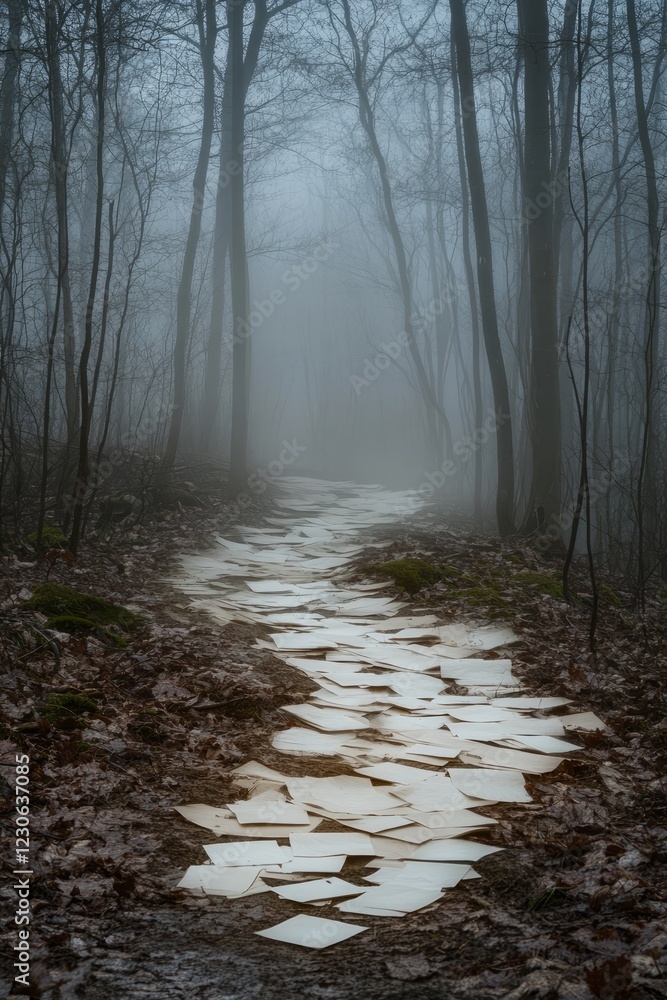 Poster a foggy forest scene with a winding path covered in scattered papers, creating a mysterious and atmo