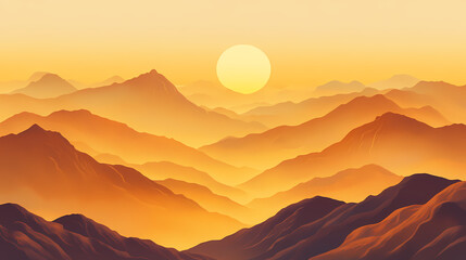 Obraz premium Sunlight pierces through misty ridges at dawn, painting the mountain valley below with shades of gold and amber. Amber Valley. Illustration