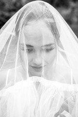 close-up of bride covered with white veil