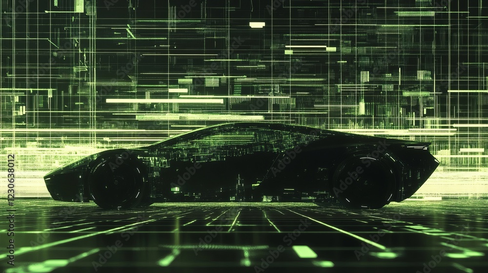 Poster sleek futuristic car silhouette in a digital matrix setting with neon green lights and abstract grid