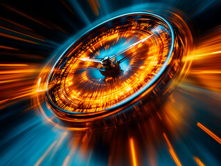 A futuristic clock with glowing particles and digital numbers, representing the concept of time, technology, and the future.