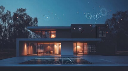 Modern Smart Home Illuminated at Night with Solar Panels
