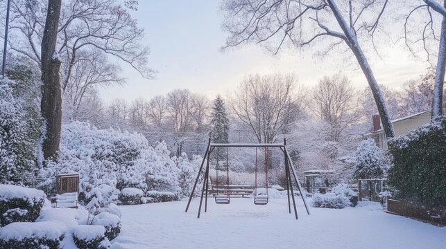 Winter Wonderland Backyard Swing Set Snow Covered Scene