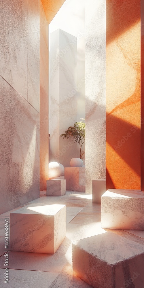Poster this image showcases an abstract architectural space filled with geometric shapes, illuminated by so