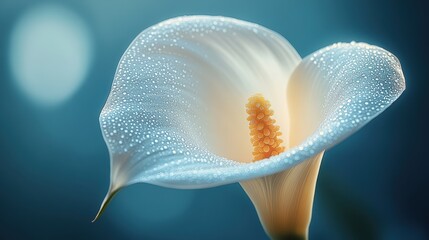A close-up of a delicate white calla lily with dewdrops on its petals, softly illuminated