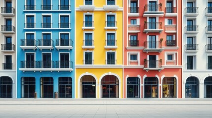 Fototapeta premium Vibrant Urban Apartment Building Facade with Retail Spaces