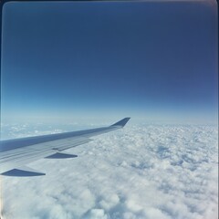 Fototapeta premium View of airplane wing above fluffy white clouds and bright blue sky during mid flight journey. Generative AI