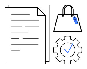 Documents next to a shopping bag with tag and a gear with checkmark. Ideal for e-commerce, business management, online shopping, inventory control, logistics, quality assurance, task completion