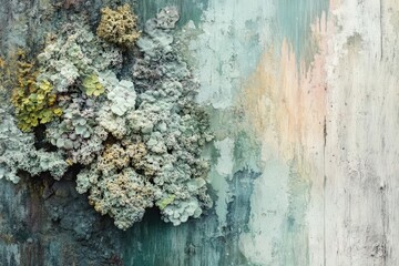 Lichen growth on a weathered, teal and beige painted wooden surface.