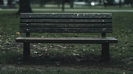 A weathered wooden park bench sits empty in the grass