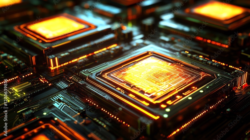 Poster abstract futuristic technology circuit board with orange glow data chip modern design energy system