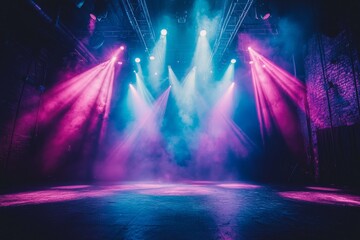 A backdrop decoration adorned the empty stage, while blue and purple spotlights cast a smoky glow from the stage light background.