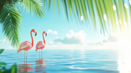 Fototapeta premium Flamingo birds stand in calm blue water under a sunny sky. Coconut tree leaves hang in the foreground.