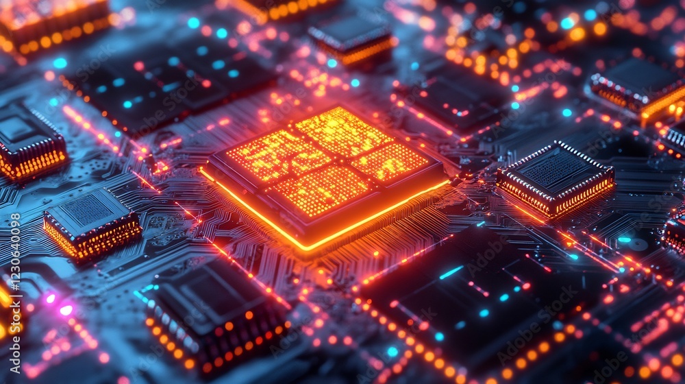 Poster abstract technology background with glowing circuit board and processors blue dark data lines chips