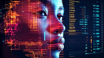 Close-up of a human face merged with glowing digital data and futuristic holographic elements in a cybernetic environment. High-tech and AI-driven aesthetic. 4K video
